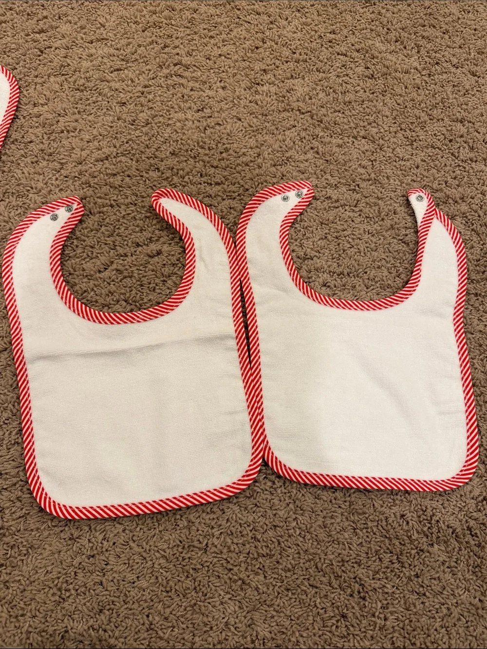 White Baby Bibs & Washcloth Set with Red and White striped trim